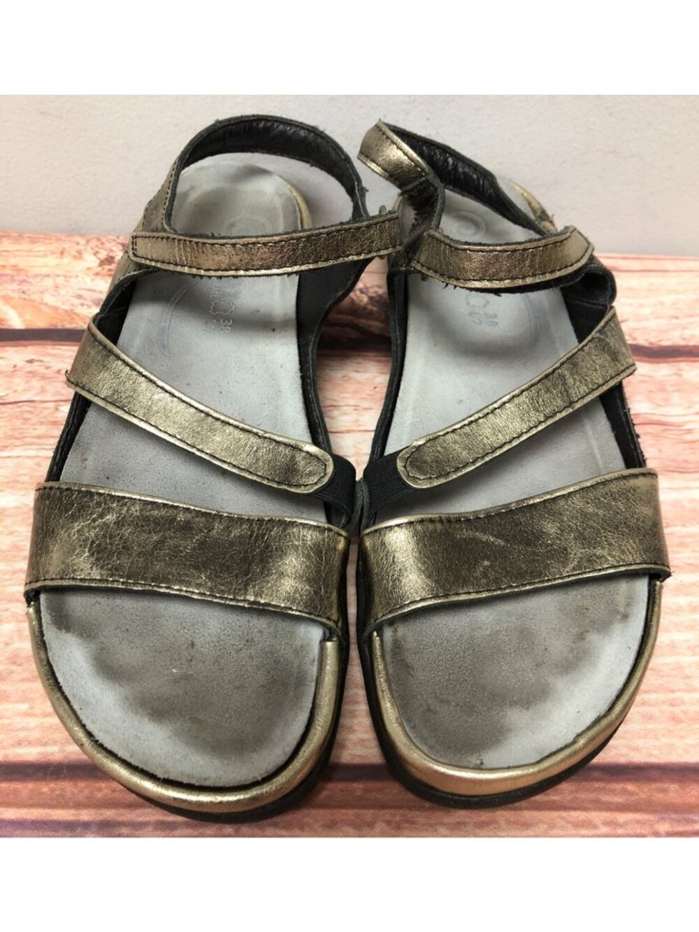 Naot Womens 38 /7 Etera Bronze Leather Ankle Strap Low Wedge Sandals